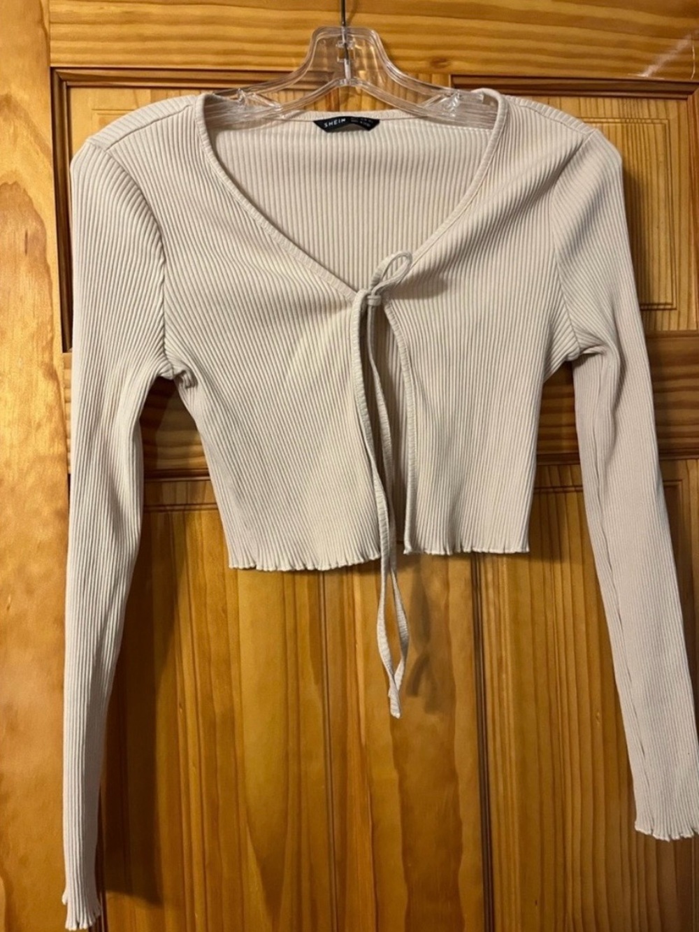 SHEIN Cream Ribbed Tie-Front Long Sleeve Crop Top